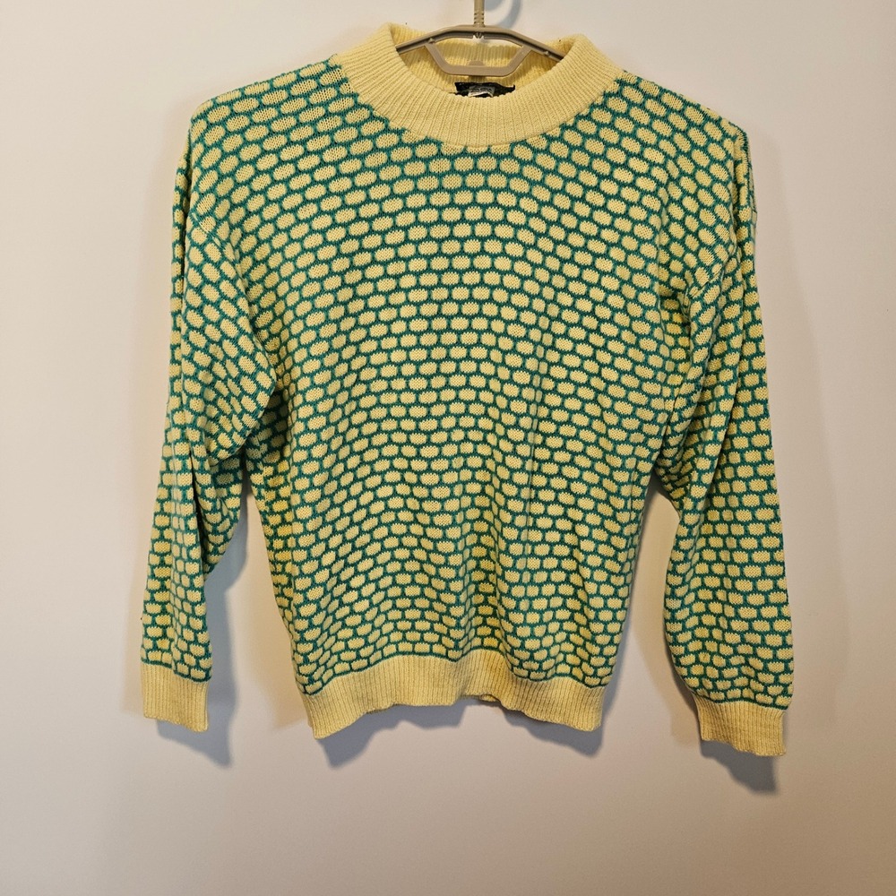 Vintage Pour le Chic Crewneck Sweater Small Knit Yellow Green Honeycomb Knit